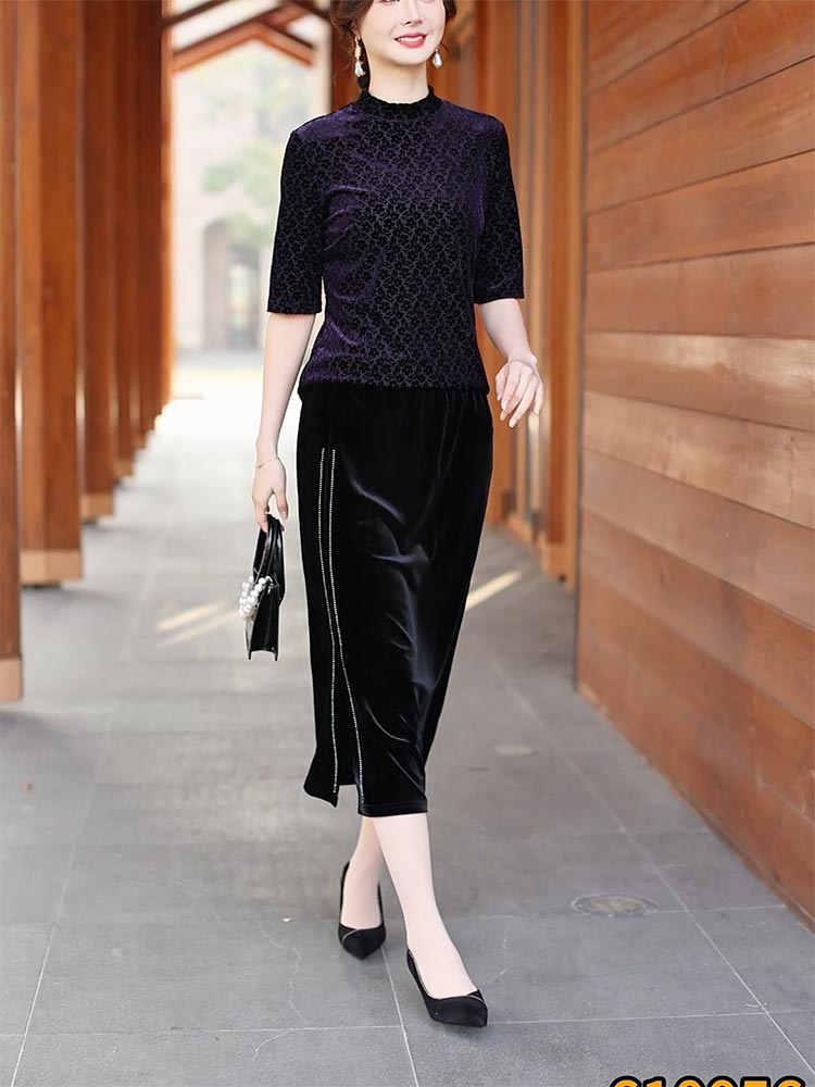 金丝绒侧边拉链装饰七分裙裤 610056-1112