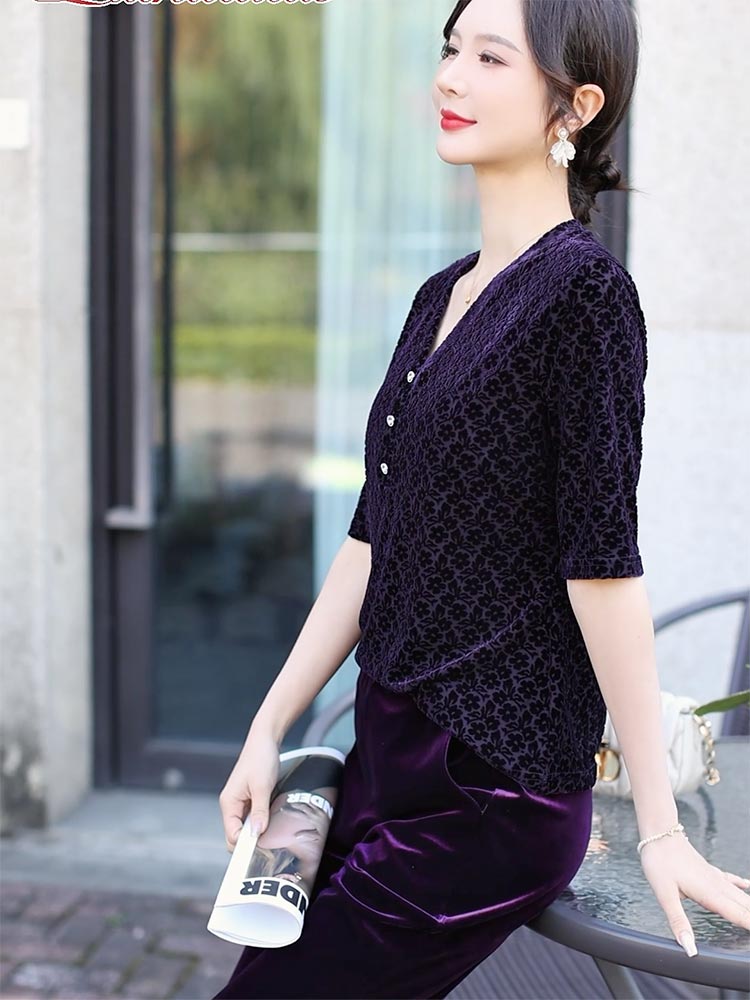 Leopard - print V - neck Medium - sleeved Blouse   820511-57