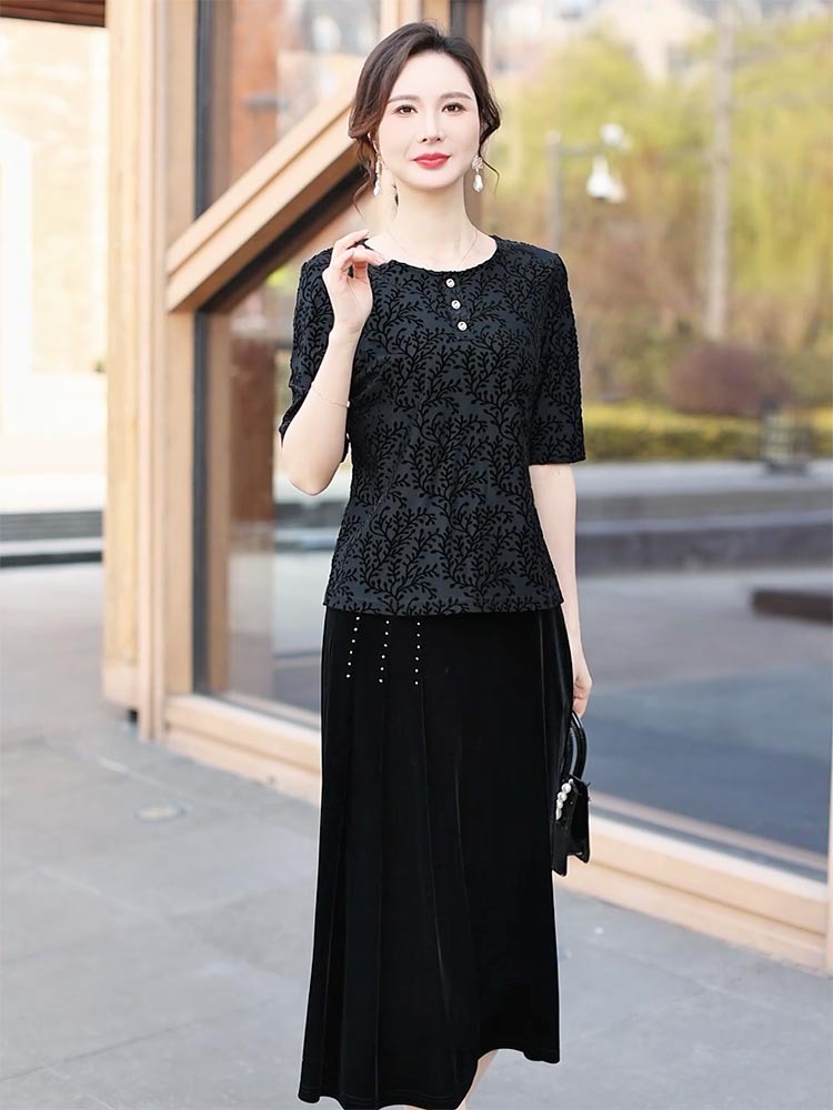 墨韵植纹：中袖丝绒套装的典雅风尚830696-11